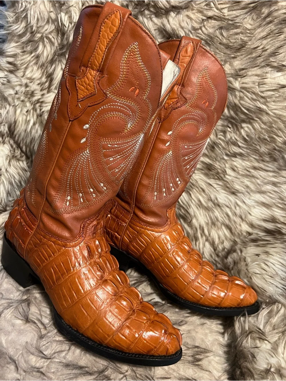 Men's ESPOLON Exotic CAIMAN PRINT & Leather Western Boots in Cognac Brown Sz 6